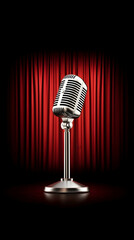 Vintage microphone on stage, red curtains backdrop, spotlight, performance.