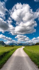 Fototapeta premium A dirt road in the middle of a grassy field under a blue sky