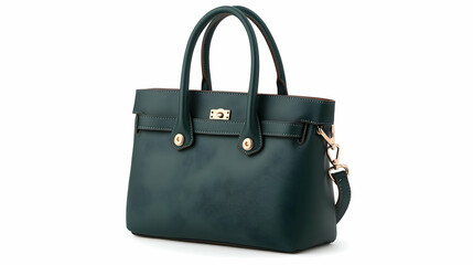 Elegant green leather handbag on white background; stylish accessory for women; perfect for shopping or business.
