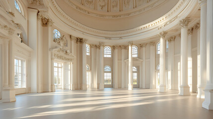 Obraz premium Grand ballroom, sunlight, neoclassical architecture, spacious interior, event venue.
