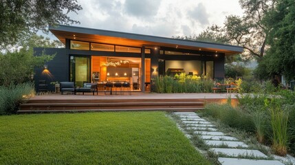 Modern house with large windows and surrounding greenery.