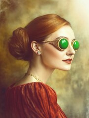 Fototapeta premium Elegant young woman with decorative green jewelry posing gracefully against a textured background