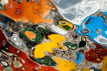vibrant colors and swirling patterns create mesmerizing abstract reflection on water surface, evoking sense of tranquility and wonder
