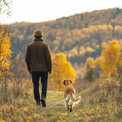 Man Walking With Dog Through Scenic Autumn Pathway Amid Golden Trees