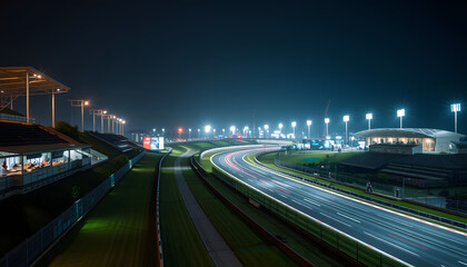 Night scene modern international race track. isolated with white highlights