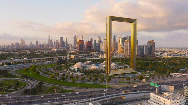 Golden Architectural Masterpiece Framing a Modern City Skyline at Sunrise
