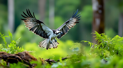 Obraz premium Osprey landing in lush green forest, wings spread wide, sunlight filtering through trees; perfect for wildlife or nature documentaries.
