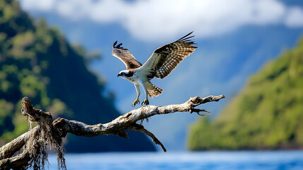 Obraz premium Osprey landing on branch, tropical islands background, wildlife scene, nature photography for travel brochures.