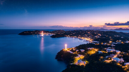 Fototapeta premium Nightfall over coastal town, harbor lights illuminate buildings and boats, tranquil ocean scene, ideal for travel brochures.