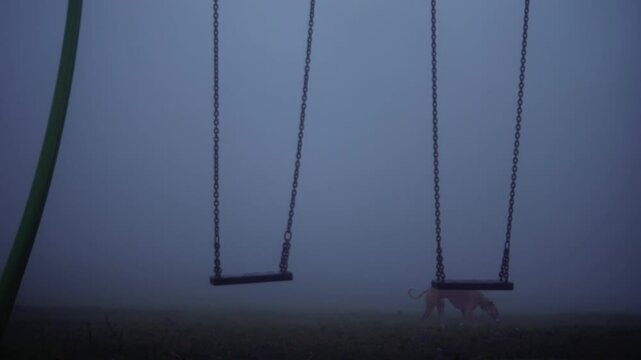 Children swings in dark foggy playground