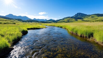 Obraz premium Serene landscape featuring a flowing river and lush green hills.