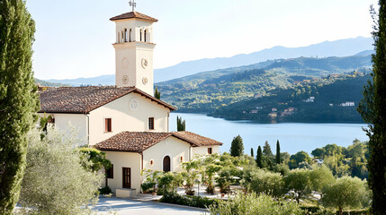 Fototapeta premium Lakeside Italian church, tranquil setting, mountain backdrop, perfect for travel brochures.