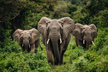 Obraz premium Three elephants walking through lush greenery in a natural setting.