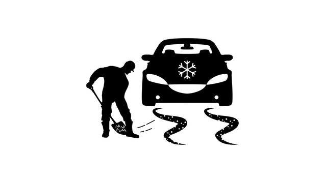 black silhouette shoveling snow near car clip art preview