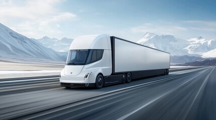 Modern electric truck driving on a highway with a scenic mountain backdrop during a clear day