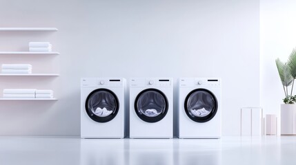 Modern Laundry Room with Three Stylish Washing Machines and Neat White Towels on a Minimalistic Shelf