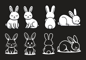 Silhouettes of easter bunnies isolated on a white background. Set of different rabbits silhouettes for design use.