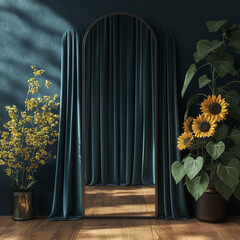 Enchanted Garden Photography Backdrop: Whimsical Garden Setting with Blue and Pink Florals, Lace, and Flowing Curtains for Photoshoots	
