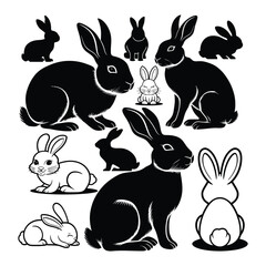 Silhouettes of easter bunnies isolated on a white background. Set of different rabbits silhouettes for design use.