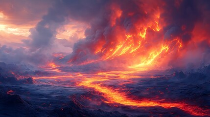 Fiery Lava Flowing Across a Volcanic Landscape