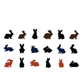 Silhouettes of easter bunnies isolated on a white background. Set of different rabbits silhouettes for design use.