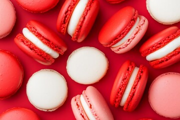 Fototapeta premium collection of vibrant red macarons filled with white cream, tightly arranged to showcase their smooth texture and bold color for Valentines