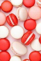 Fototapeta premium collection of vibrant red macarons filled with white cream, tightly arranged to showcase their smooth texture and bold color for Valentines