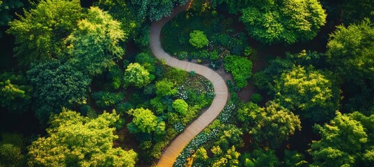 Fototapeta premium Top view forest park pathway or walkway. Green nature ecology environment. Generative AI technology.