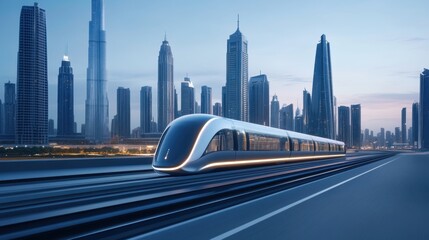 Futuristic High-Speed Train in Modern City Skyline at Dusk with Skyscrapers and Urban Landscape