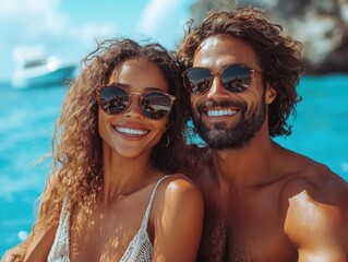 Obraz premium Happy couple enjoying a sunny day on the water.