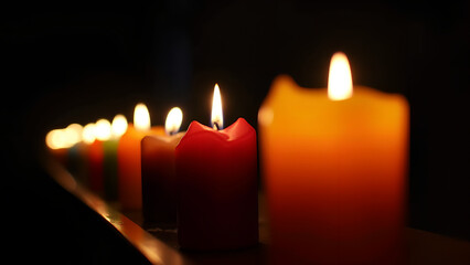 Eine Reihe bunter Kerzen, die in einem dunklen Raum flackern