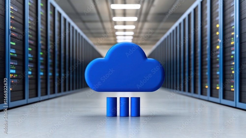 Poster blue cloud symbol in a server room representing cloud computing.