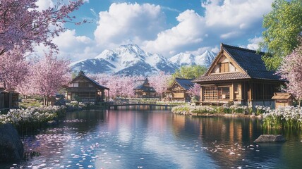 Obraz premium japanese village near the lake on springtime with cherry blossom tree and flower