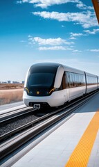 Naklejka premium Modern High-Speed Train Approaching Station with Clear Blue Sky and Urban Background in Daylight Conditions