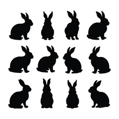 Silhouettes of easter bunnies isolated on a white background. Set of different rabbits silhouettes for design use.