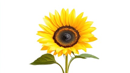 Fototapeta premium A vibrant sunflower with bright yellow petals and green leaves.