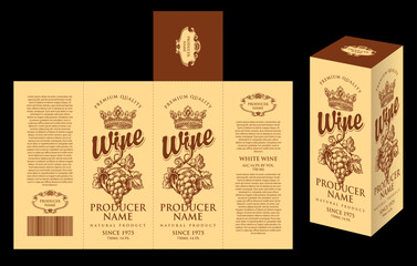 vector mockup template of cardboard packaging box for white wine with hand-drawn bunches of grapes, crowns and calligraphic inscriptions in retro style