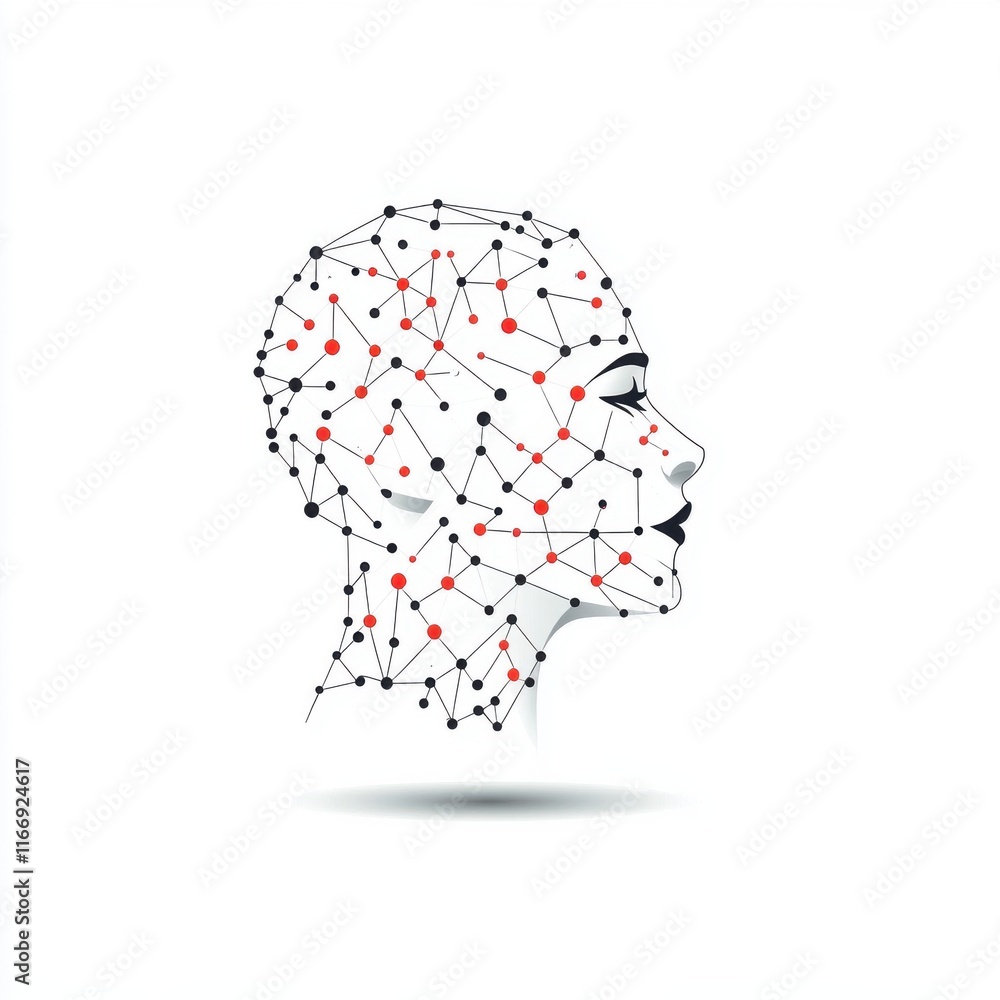 Poster abstract profile of a human head created from interconnected lines and dots in red and black.