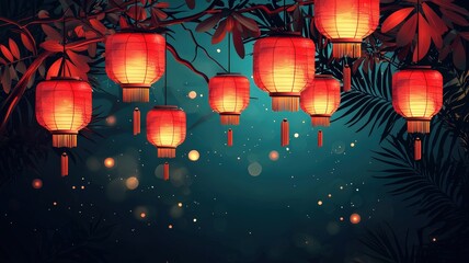 Obraz premium Chinese New Year Lanterns Light Up the Ceremony concept. Colorful lanterns glowing in a dark, festive atmosphere.