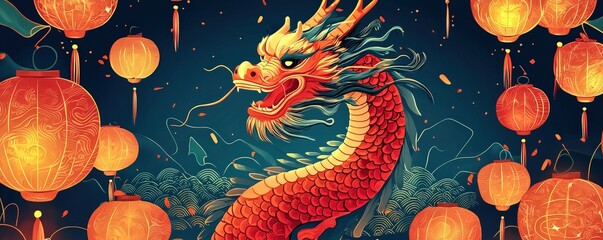 Chinese New Year Lanterns Light Up the Ceremony concept. Vibrant dragon surrounded by glowing lanterns in a festive setting.