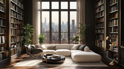 Luxurious modern library with cityscape view, sectional sofa, and extensive bookshelves.