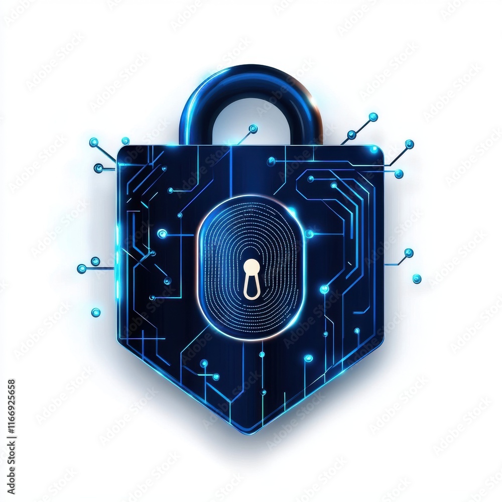 Poster a futuristic blue digital padlock with circuits and a fingerprint design symbolizing cybersecurity.