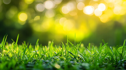 Obraz premium Close-up of Green Grass Blades with Sunlit Bokeh Background, natural grass background with blurred bokeh and sun,