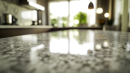 Polished granite countertop reflecting kitchen light.