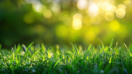 Obraz premium Green meadow with morning sunshine, Sunlit grass glimmers in a peaceful outdoor setting during a bright summer afternoon