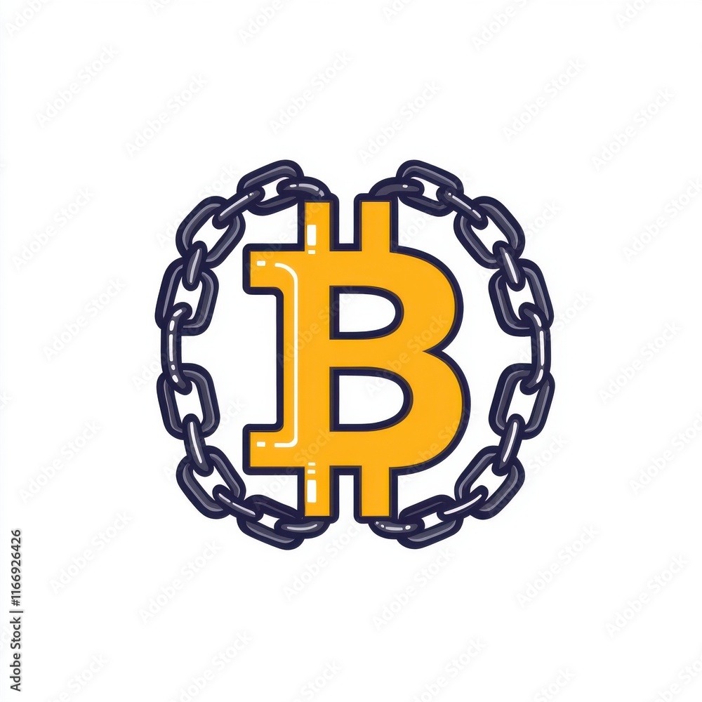 Poster stylized bitcoin symbol enclosed in a chain, representing security and decentralized currency techno