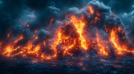 Fiery Volcanic Eruption Over Dark Ocean Waves