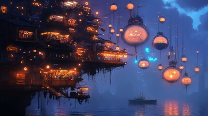 Obraz premium Floating city at night with glowing orbs and boat.