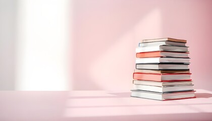 A pastel colored stack of books on the right has a stack of books, and there's empty space on the left, with a light studio background.