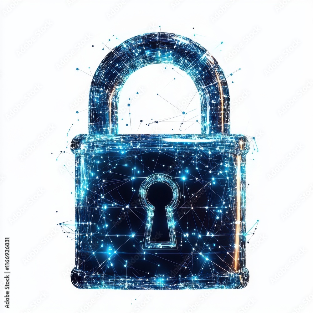 Poster digital padlock representing cybersecurity and data protection in a futuristic concept.